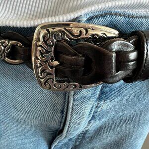 Woven Leather Belt with Brass buckle and hearts going around belt silver look